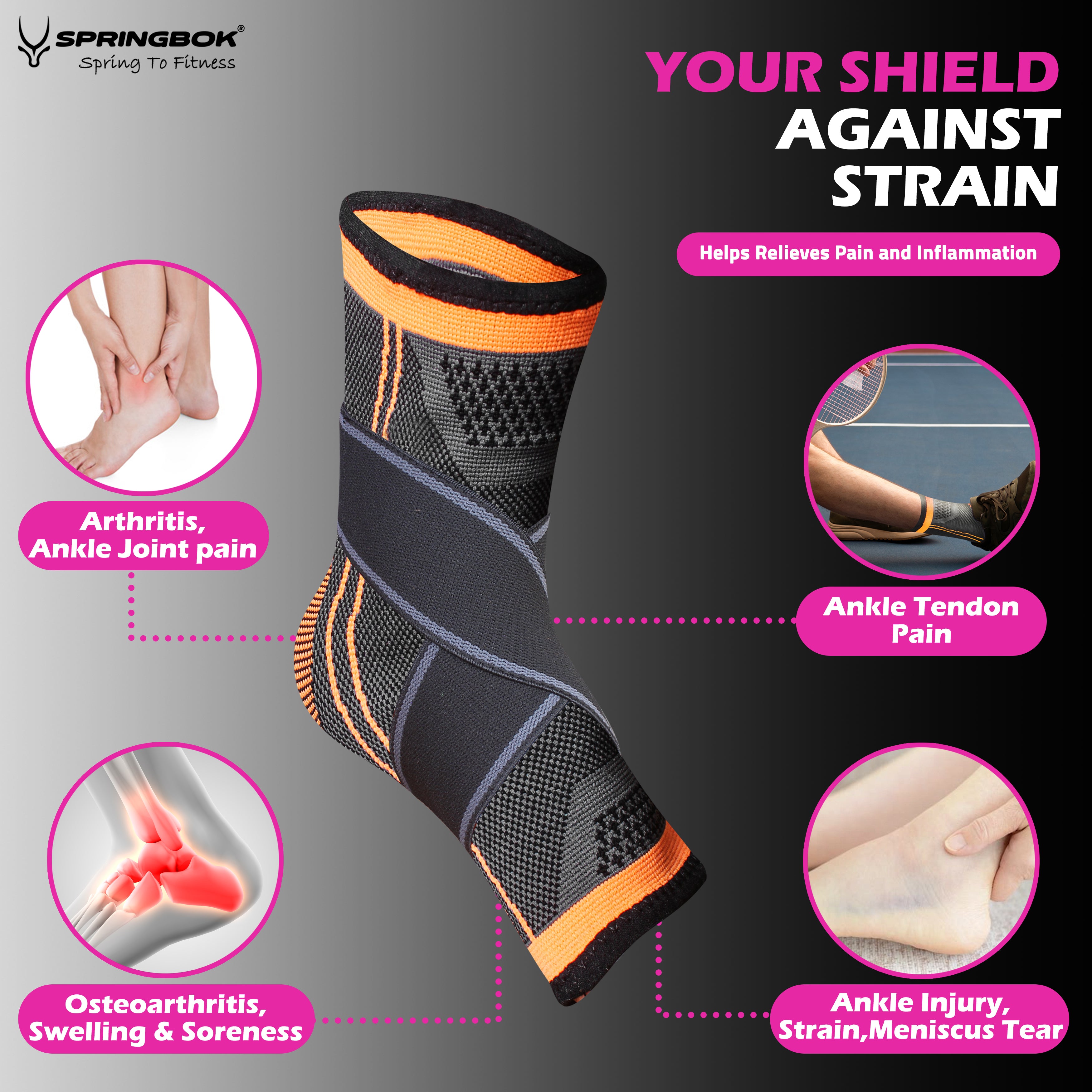 Springbok Ankle Support with Binder, Men & Women (1 Piece), for Sprained Ankles, Ankle Wrap for Stabilizing Ligaments, Plantar Fasciitis Relief, Achilles Tendonitis Pain Relief, Adjustable & Breathable Compression Ankle Support