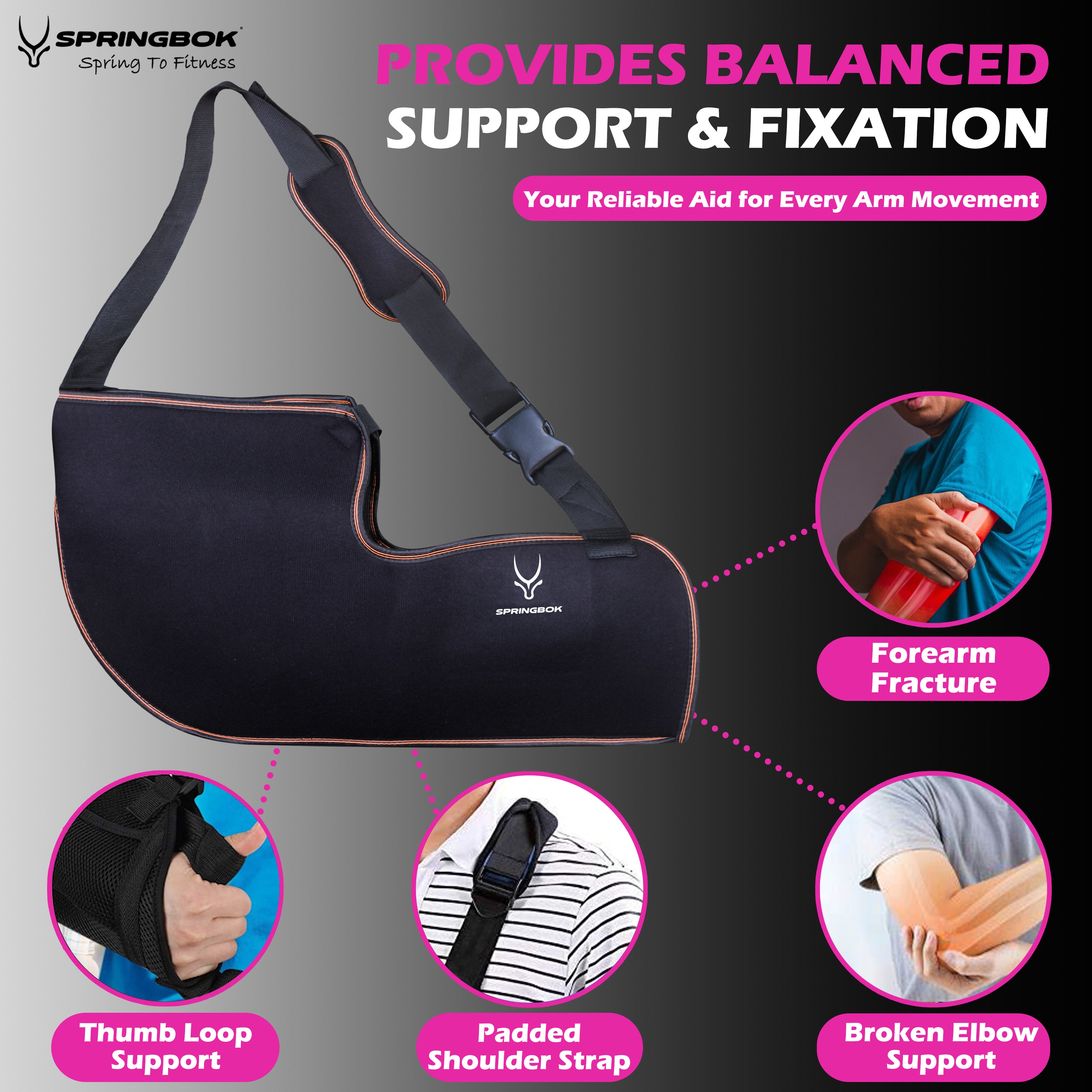 Springbok Arm Sling Shoulder Injury Immobilizer, Men & Women (1Pc, Black) for Pain Relief, Arm Pillow for Rotator Cuff, Sublexion, Surgery, Dislocated, Broken Arm, AC Joint Pain Relief, fit Left or Right Arm