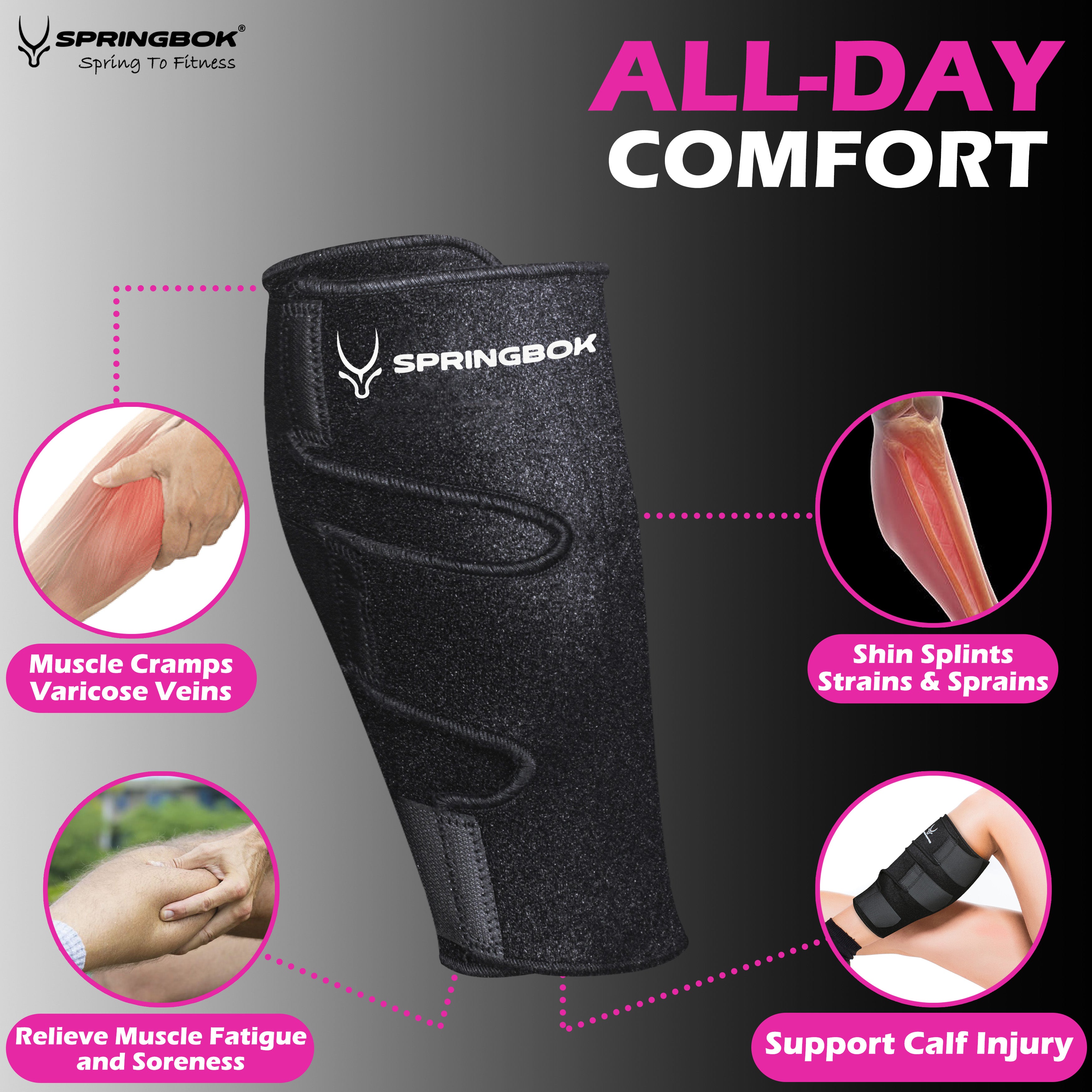 Springbok Calf Compression Sleeve (Black, Pair), Men & Women, Knee Compression Support for Running, Meniscus Tear, Arthritis, Joint Pain Relief