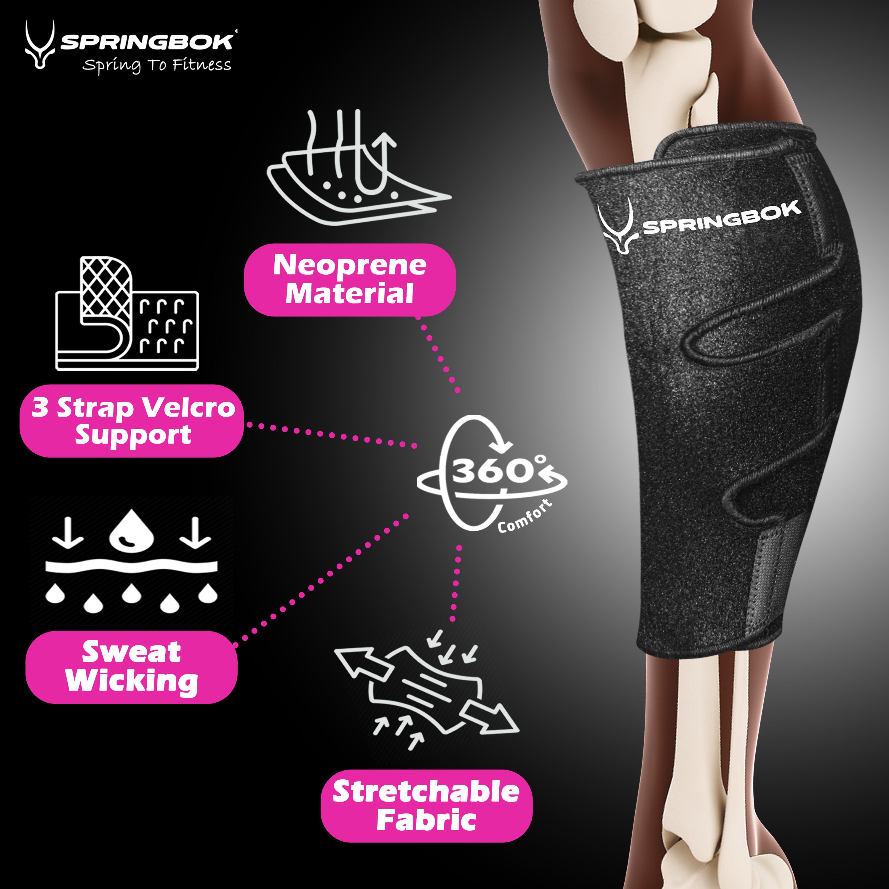 Springbok Calf Compression Sleeve (Black, Pair), Men & Women, Knee Compression Support for Running, Meniscus Tear, Arthritis, Joint Pain Relief