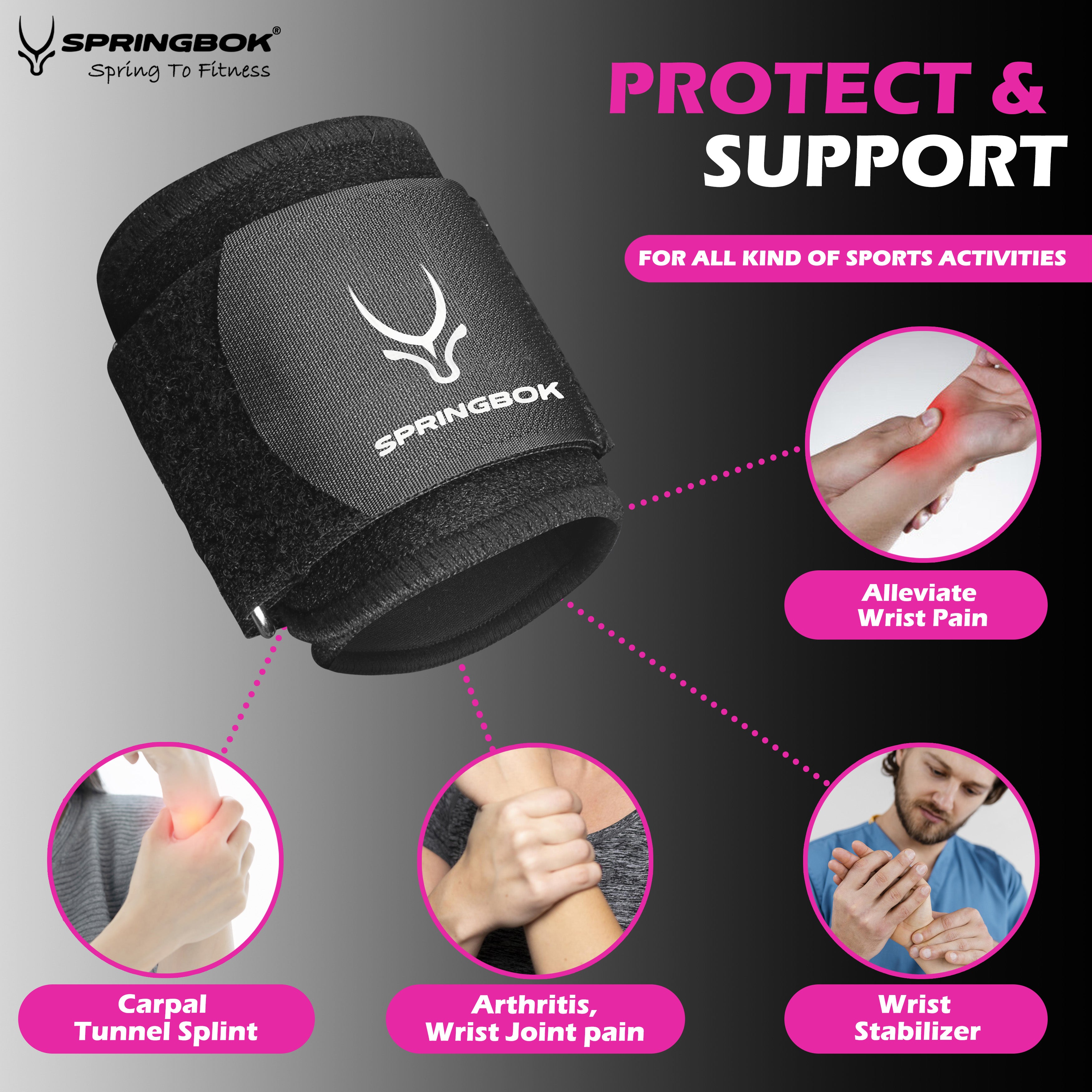 Springbok Carpal Lock Wrist Support Brace, Men & Women (1Pc, Black), Adjustable Wrist Strap for Sports & Gym Workouts, Carpal Tunnel, Arthritis, Tendonitis Sprain, Wrist Wraps for Both Hands, Made with Neoprene fabric