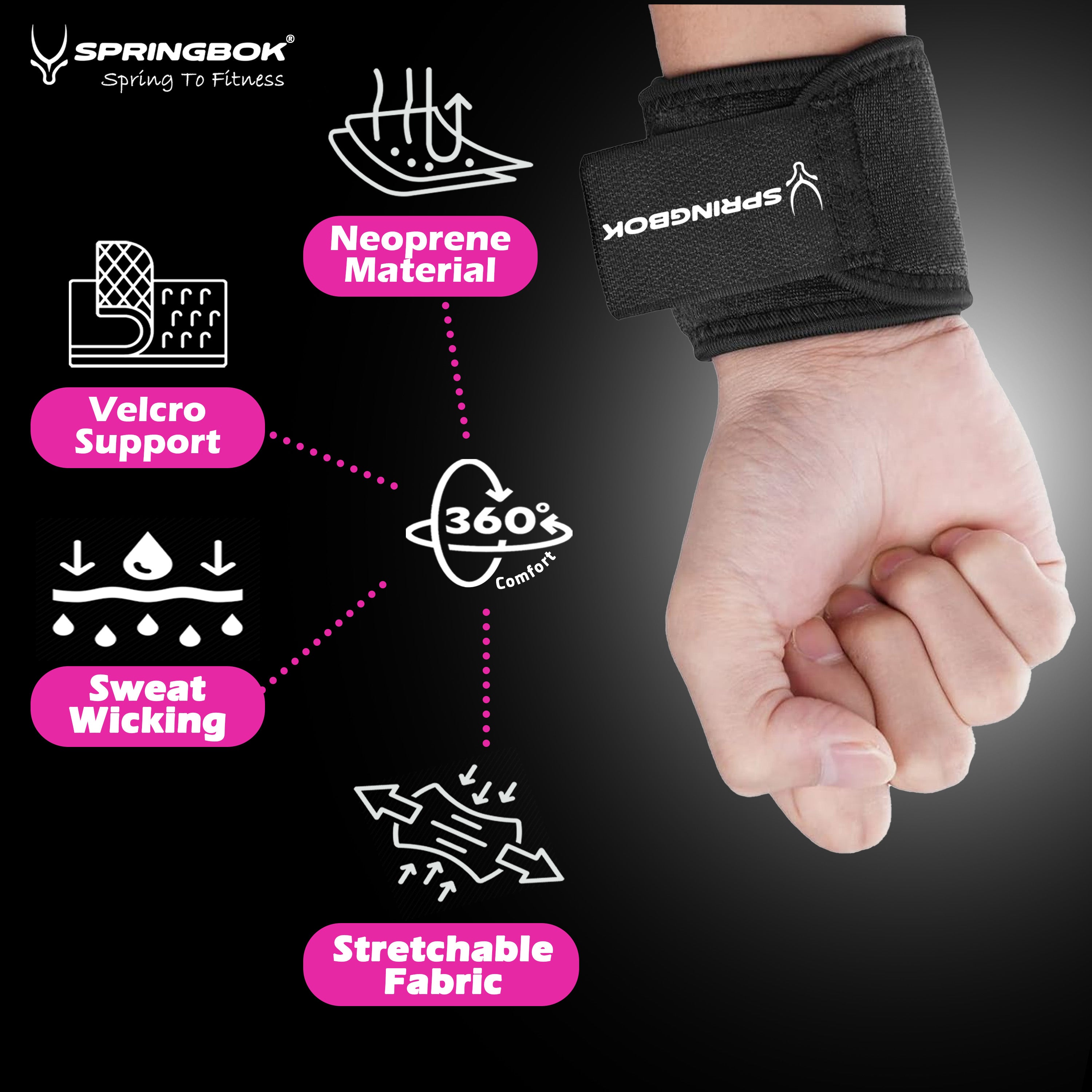 Springbok Carpal Lock Wrist Support Brace, Men & Women (1Pc, Black), Adjustable Wrist Strap for Sports & Gym Workouts, Carpal Tunnel, Arthritis, Tendonitis Sprain, Wrist Wraps for Both Hands, Made with Neoprene fabric