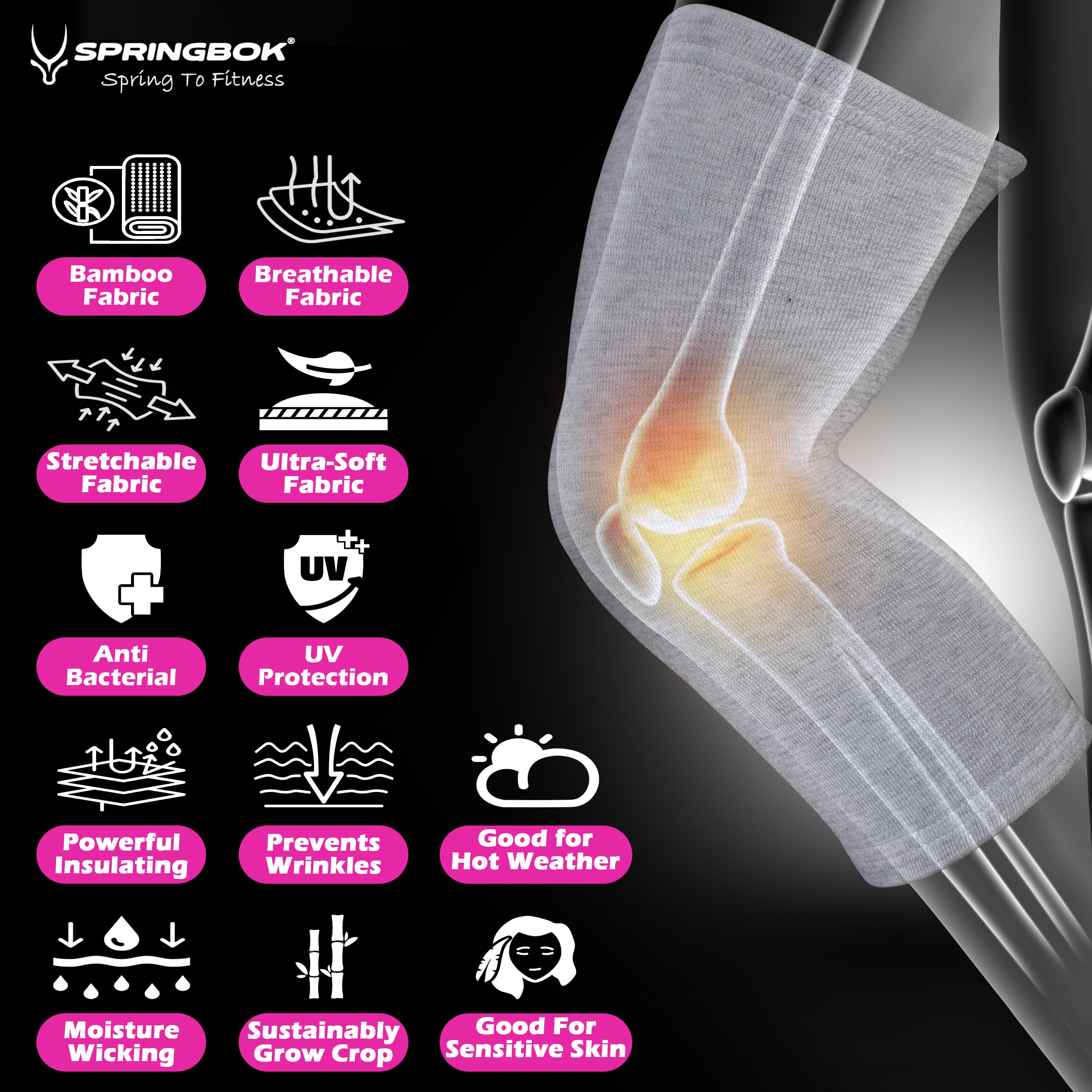 Springbok Knee Brace Support, Men & Women (Pair) for Stress Relief, Inflammation Reduction, Knee Flexibility Support, Injury Protection, Arthritis Symptom Stabilization, Made with 100% breathable Bamboo Fabric