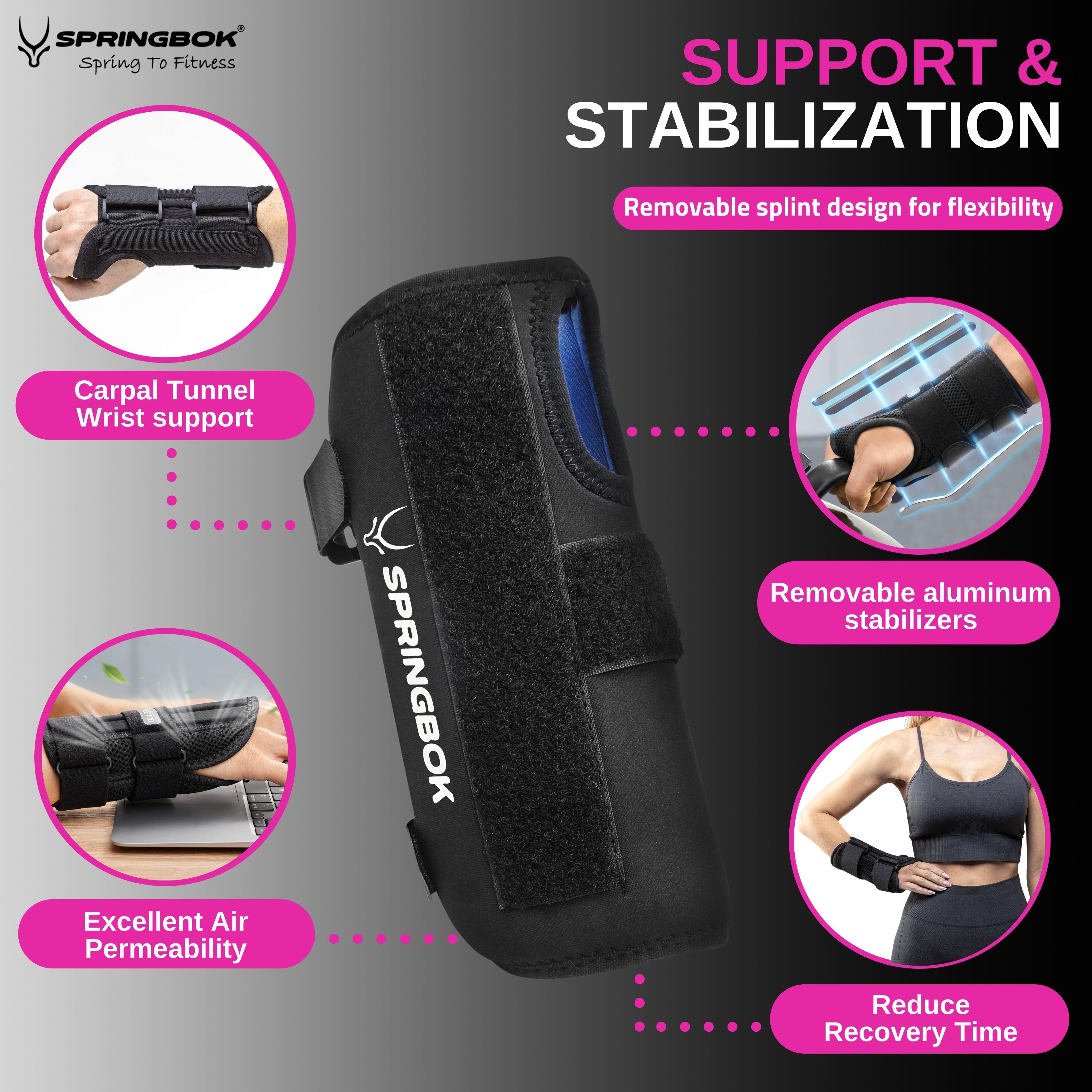 Springbok Wrist Cock-up Splint brace for men and women with Adjustable Metal Splint Stabilizer
