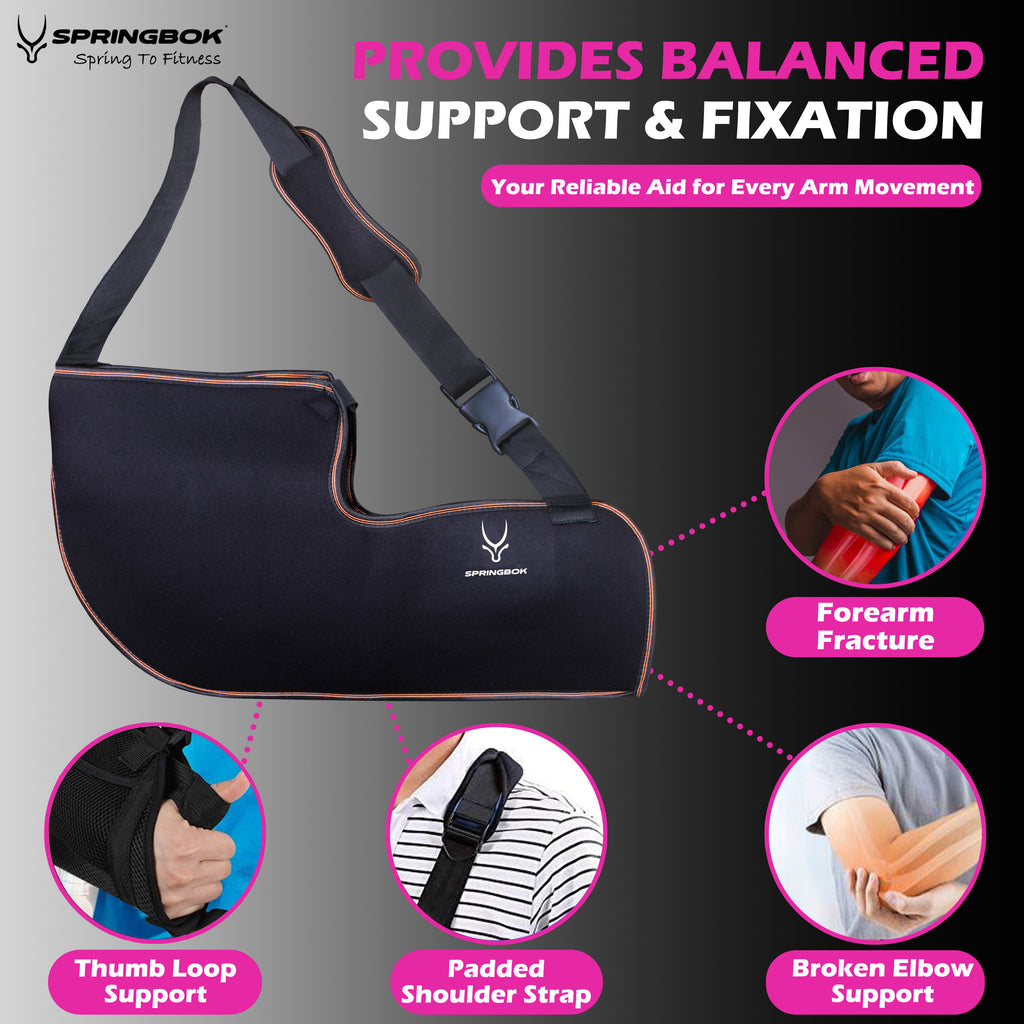 Springbok Arm Sling Shoulder Injury Immobilizer, Men & Women (1Pc, Black) for Pain Relief, Arm Pillow for Rotator Cuff, Sublexion, Surgery, Dislocated, Broken Arm, AC Joint Pain Relief, fit Left or Right Arm