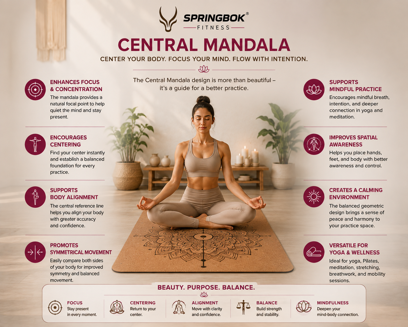 Springbok Mandala Flowdesign Cork Yoga Mat, Natural Cork Color