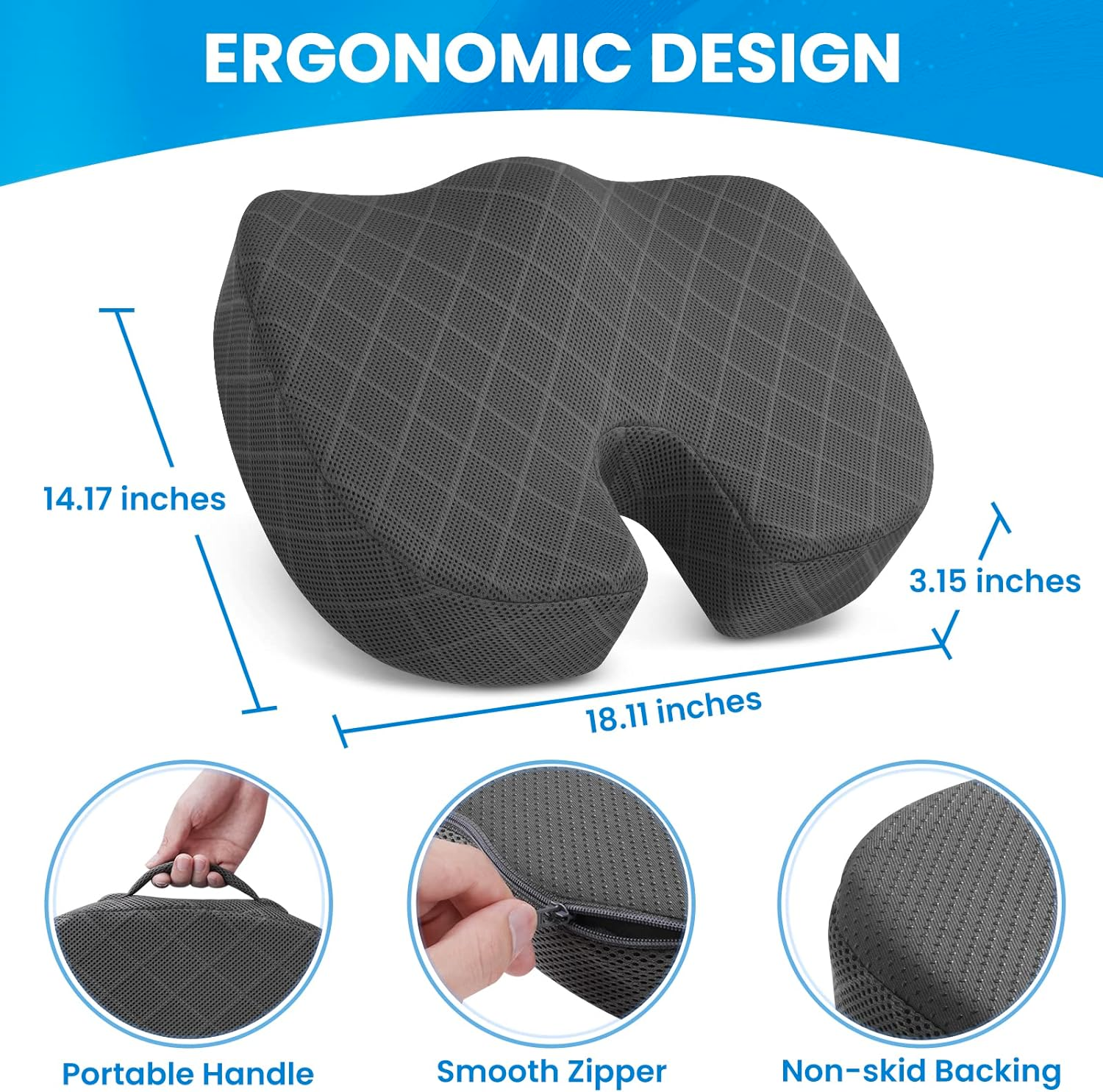 SPRINGBOK Seat Cushion - Office Chair Cushion, Non-Slip Gel & Memory Foam Coccyx Cushion for Tailbone Pain, Office Chair Cushion - Back Pain Relief (Black)